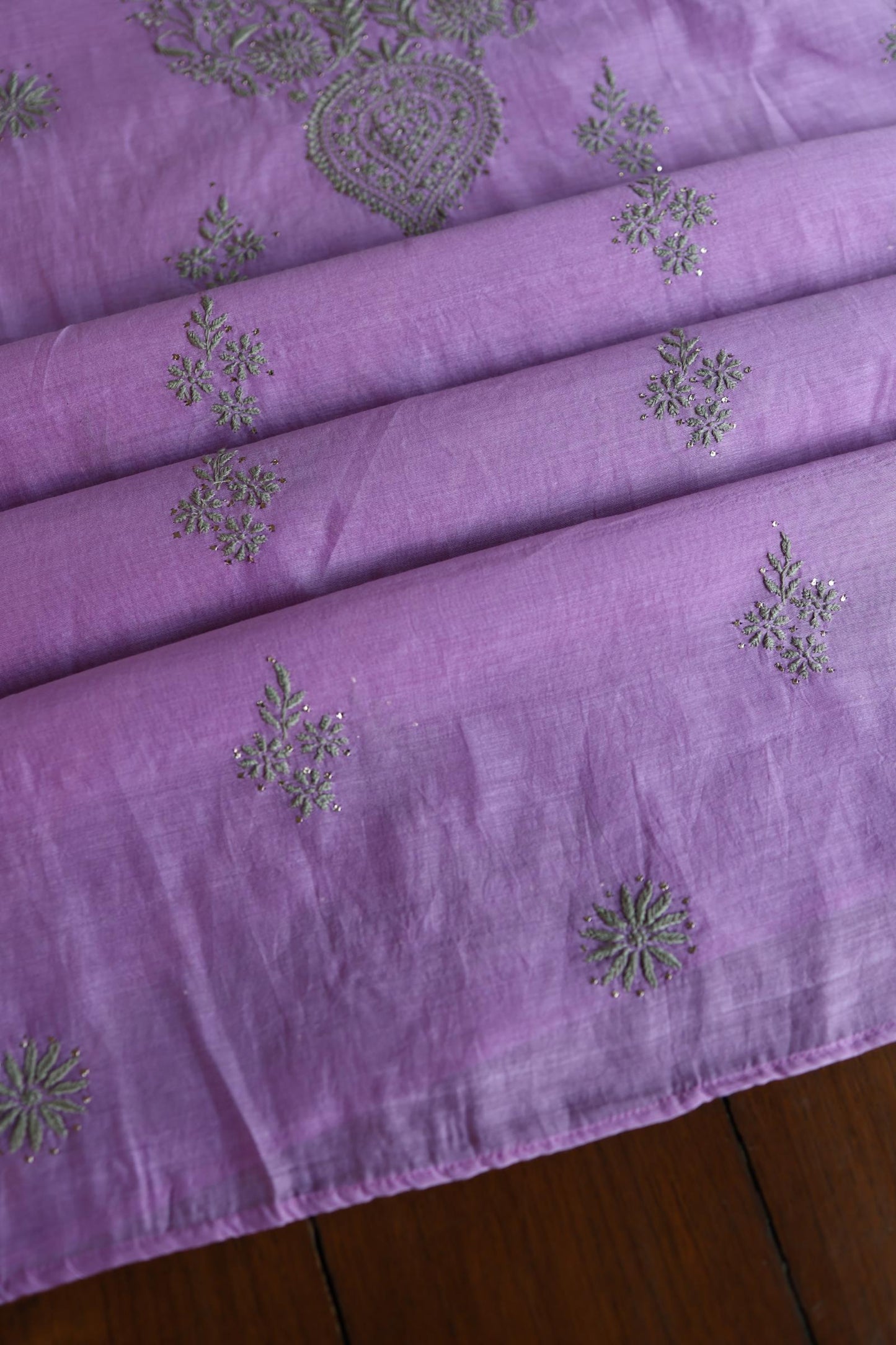 Faded Purple Mal Cotton Chikankari Unstitched Kurta Dupatta Fabrics With Kamdani