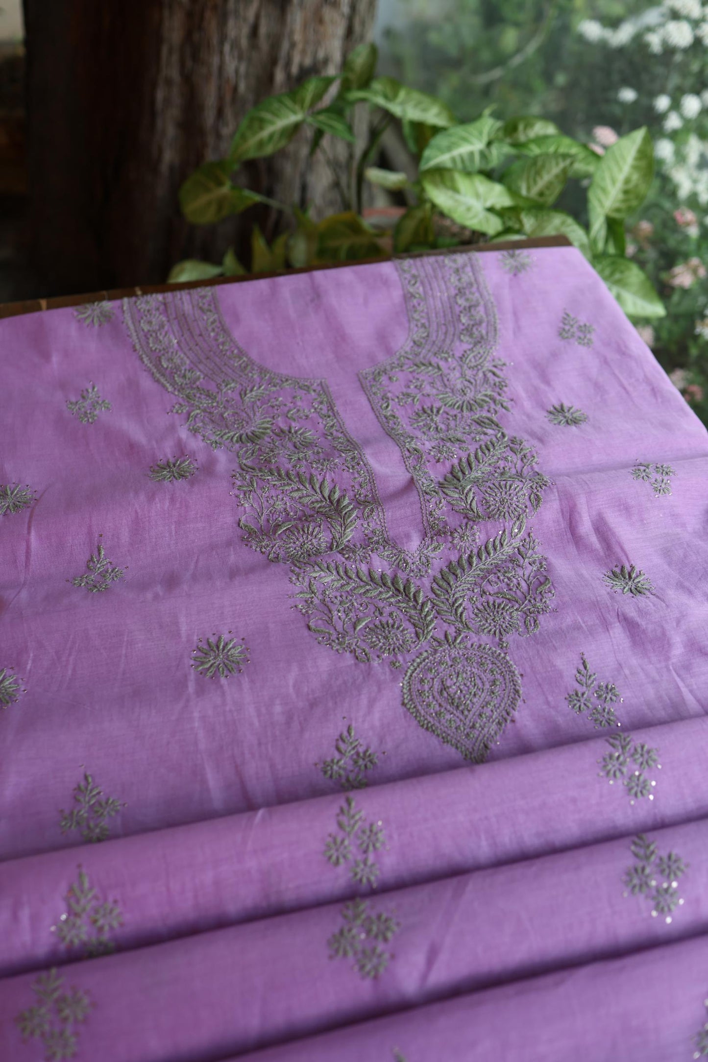 Faded Purple Mal Cotton Chikankari Unstitched Kurta Dupatta Fabrics With Kamdani
