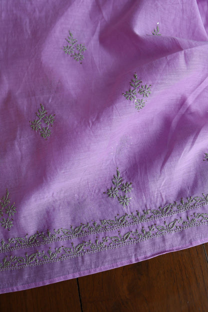 Faded Purple Mal Cotton Chikankari Unstitched Kurta Dupatta Fabrics With Kamdani