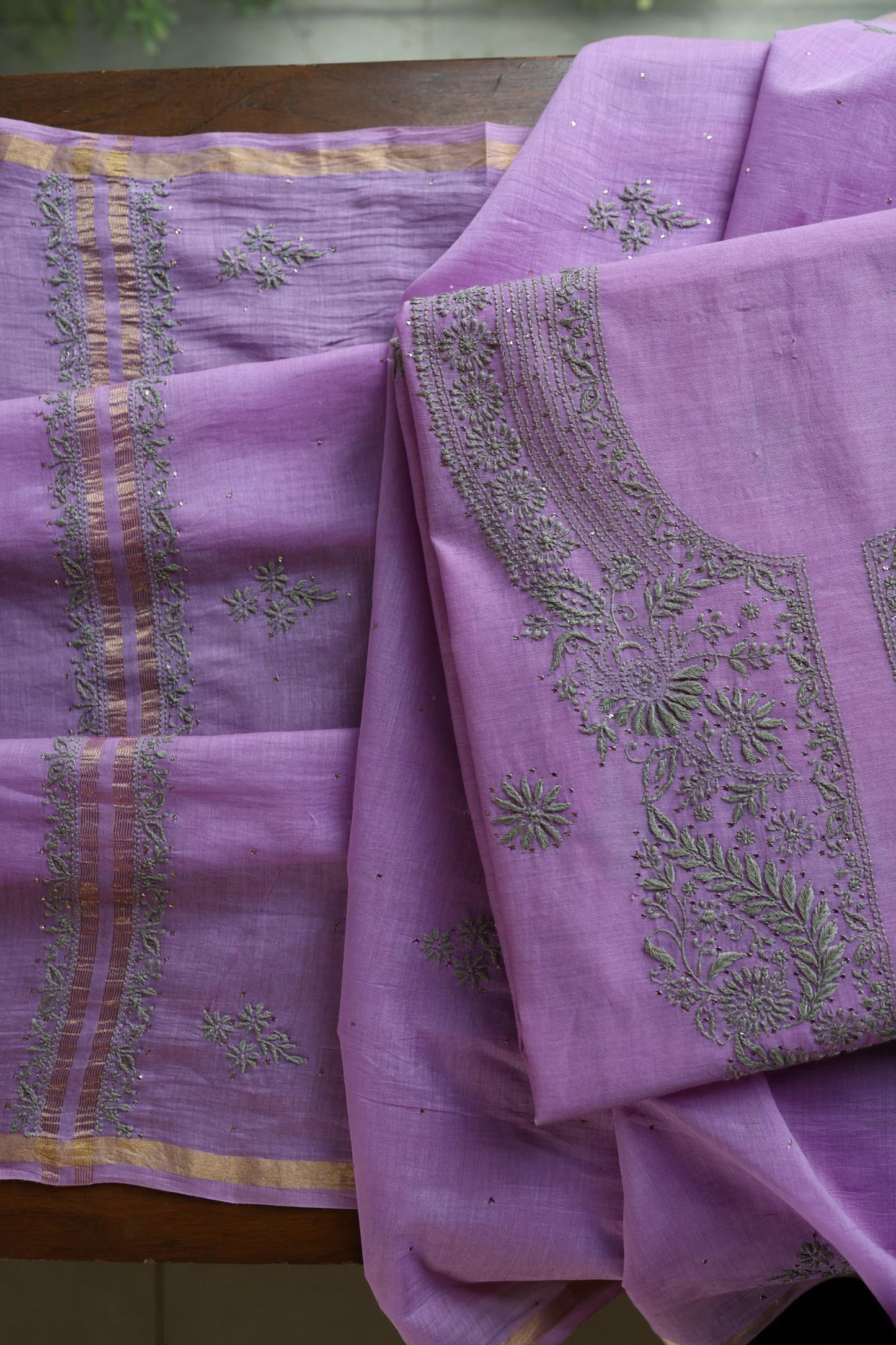 Faded Purple Mal Cotton Chikankari Unstitched Kurta Dupatta Fabrics With Kamdani