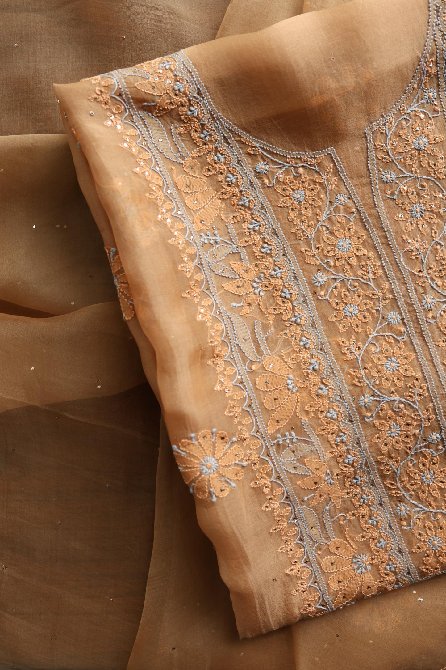 Fawn Shade Organza Silk Chikankari Unstitched Fabric