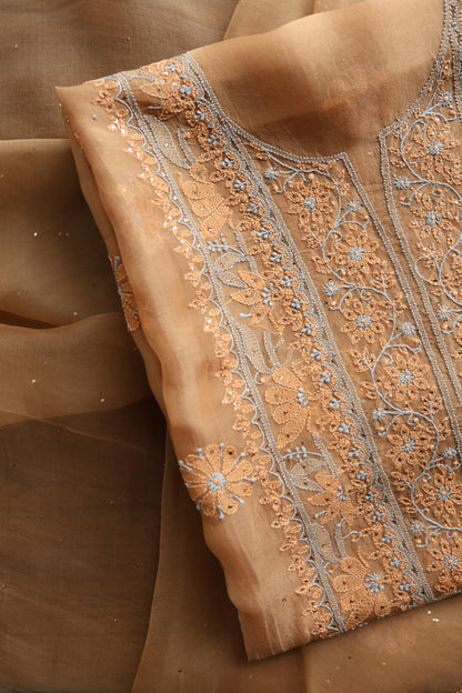 Fawn Shade Organza Silk Chikankari Unstitched Fabric