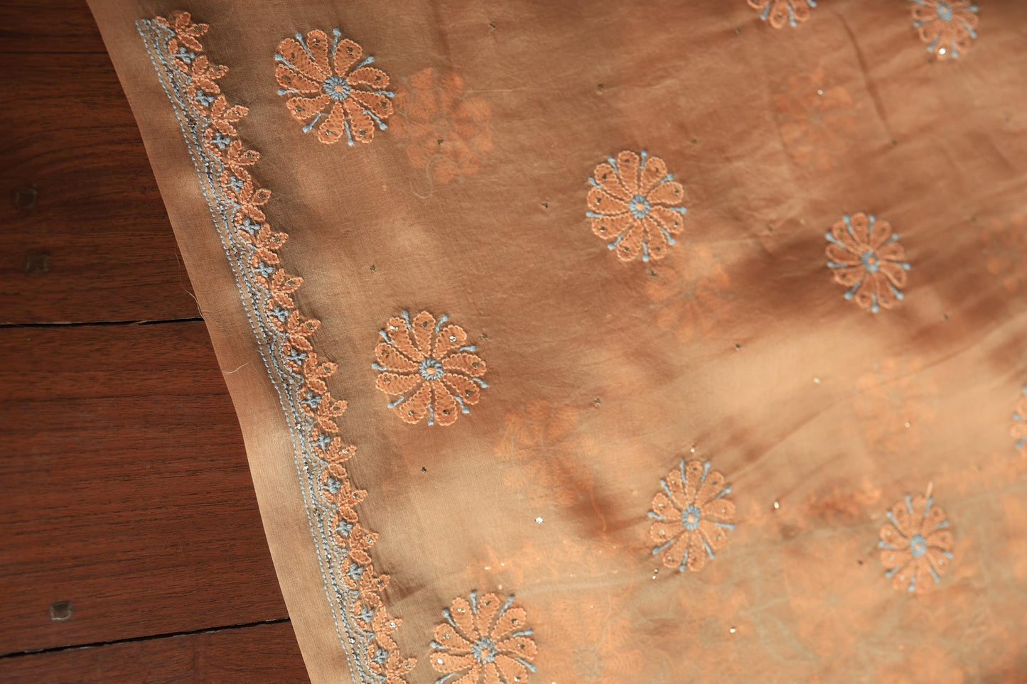Fawn Shade Organza Silk Chikankari Unstitched Fabric