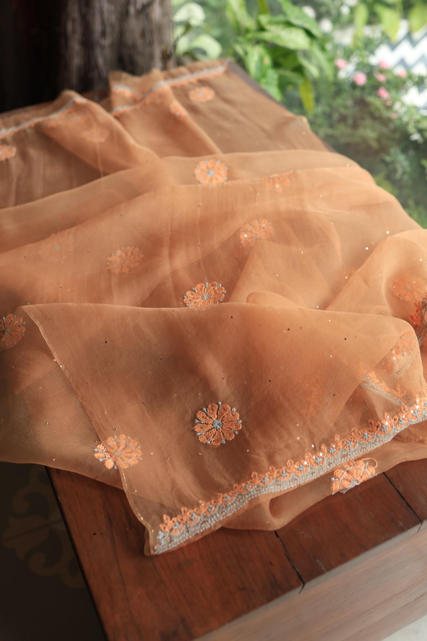 Fawn Shade Organza Silk Chikankari Unstitched Fabric