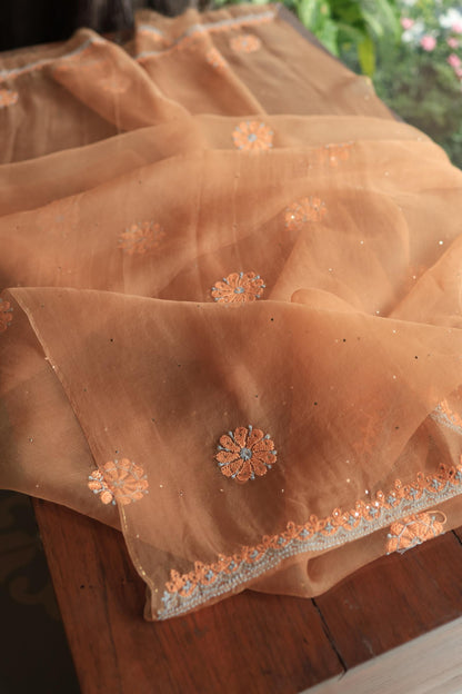 Fawn Shade Organza Silk Chikankari Unstitched Fabric