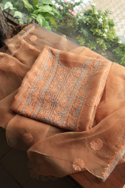 Fawn Shade Organza Silk Chikankari Unstitched Fabric