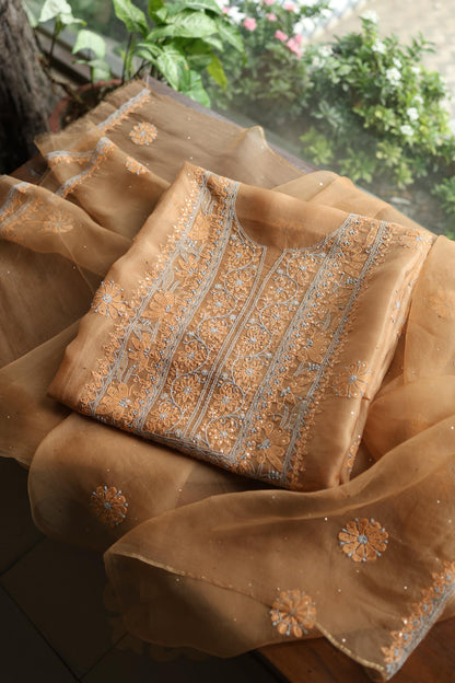 Fawn Shade Organza Silk Chikankari Unstitched Fabric