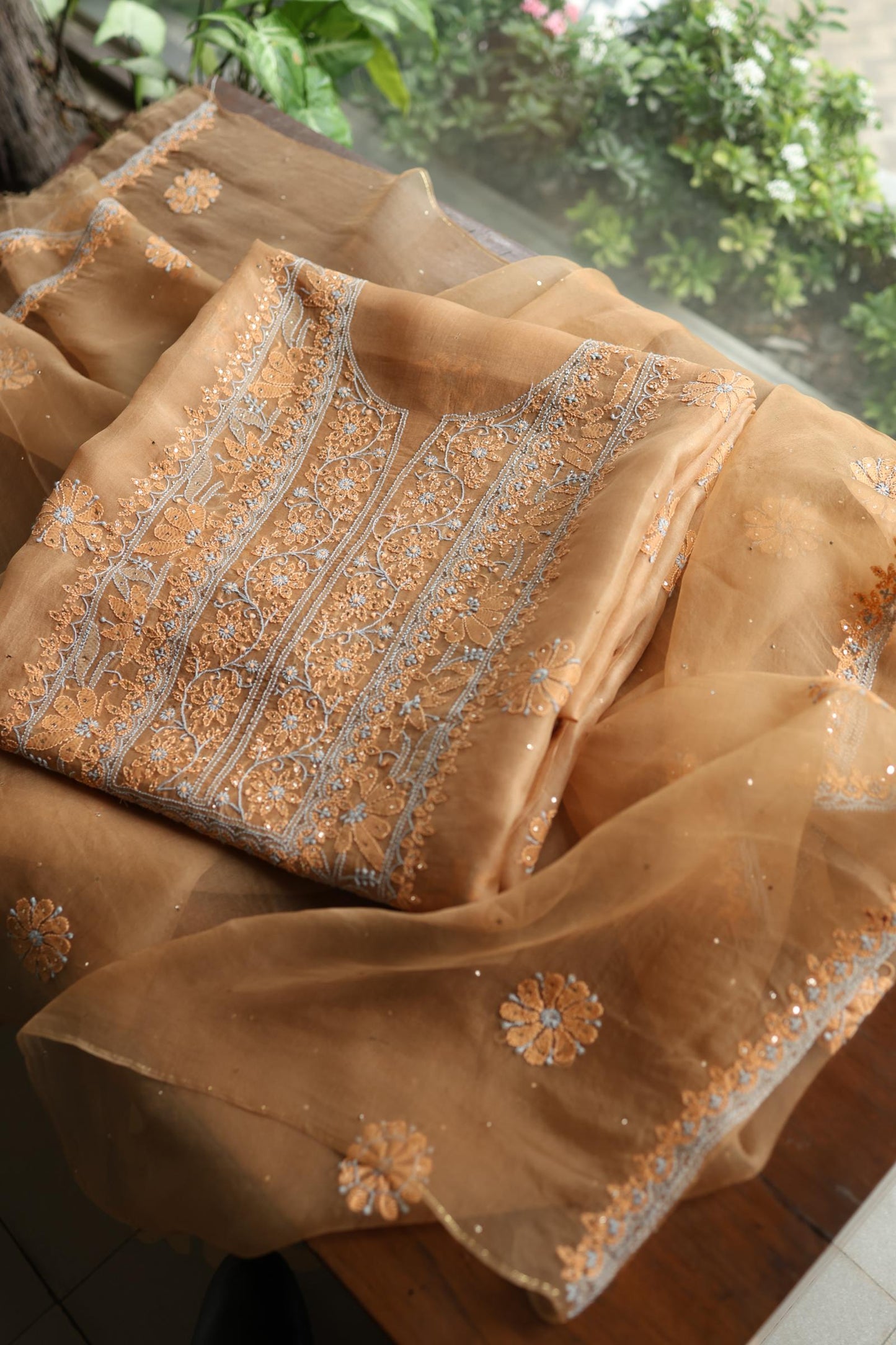 Fawn Shade Organza Silk Chikankari Unstitched Fabric