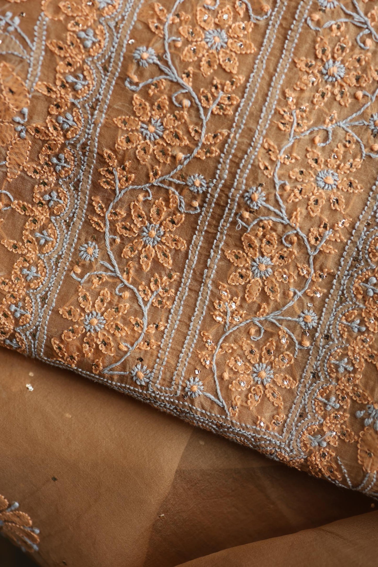 Fawn Shade Organza Silk Chikankari Unstitched Fabric
