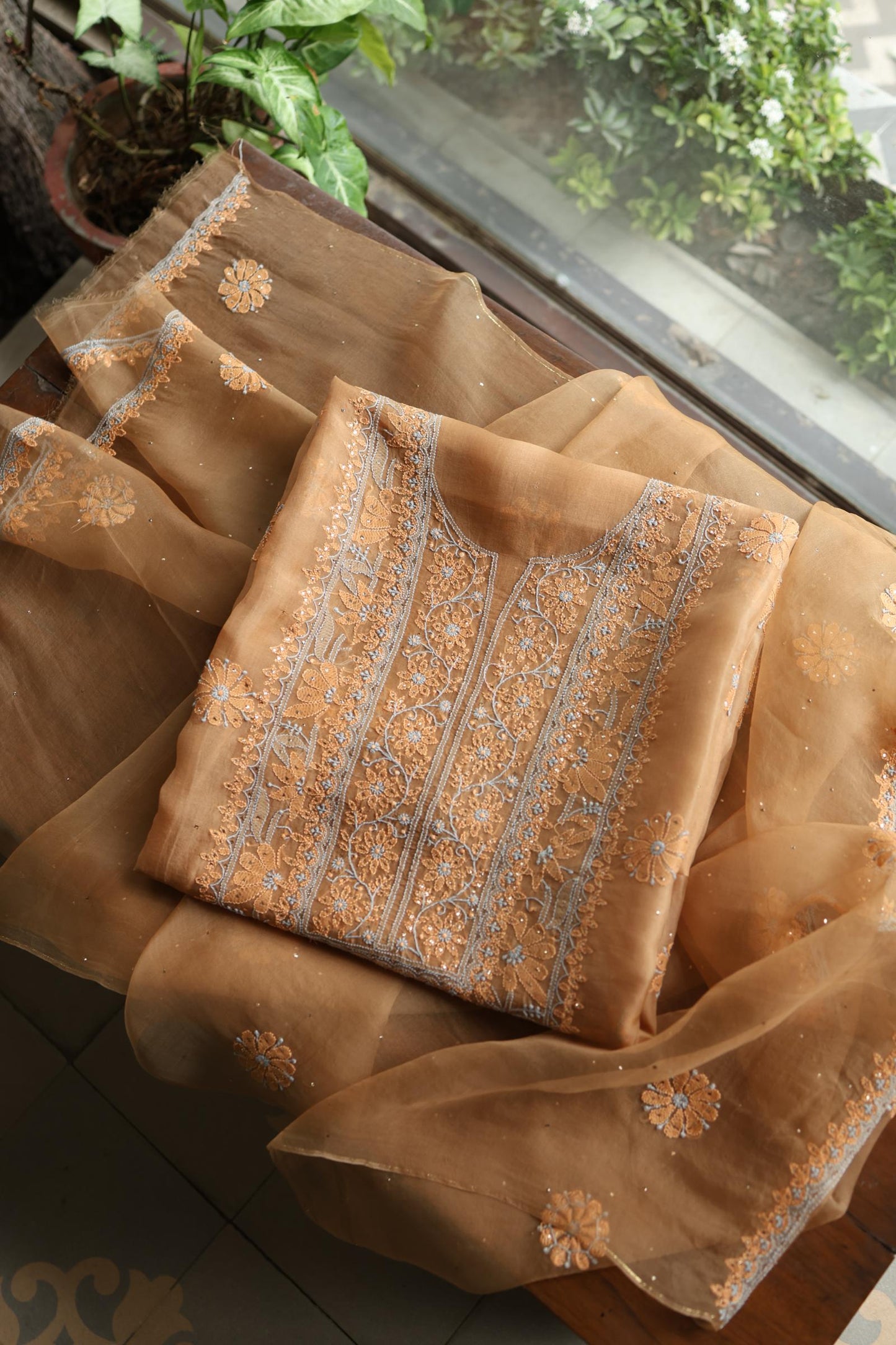 Fawn Shade Organza Silk Chikankari Unstitched Fabric