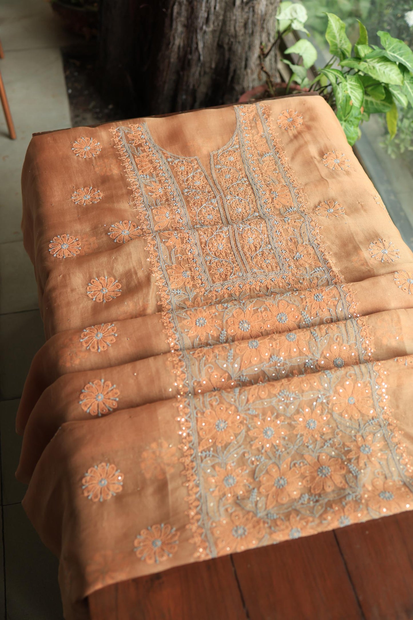 Fawn Shade Organza Silk Chikankari Unstitched Fabric