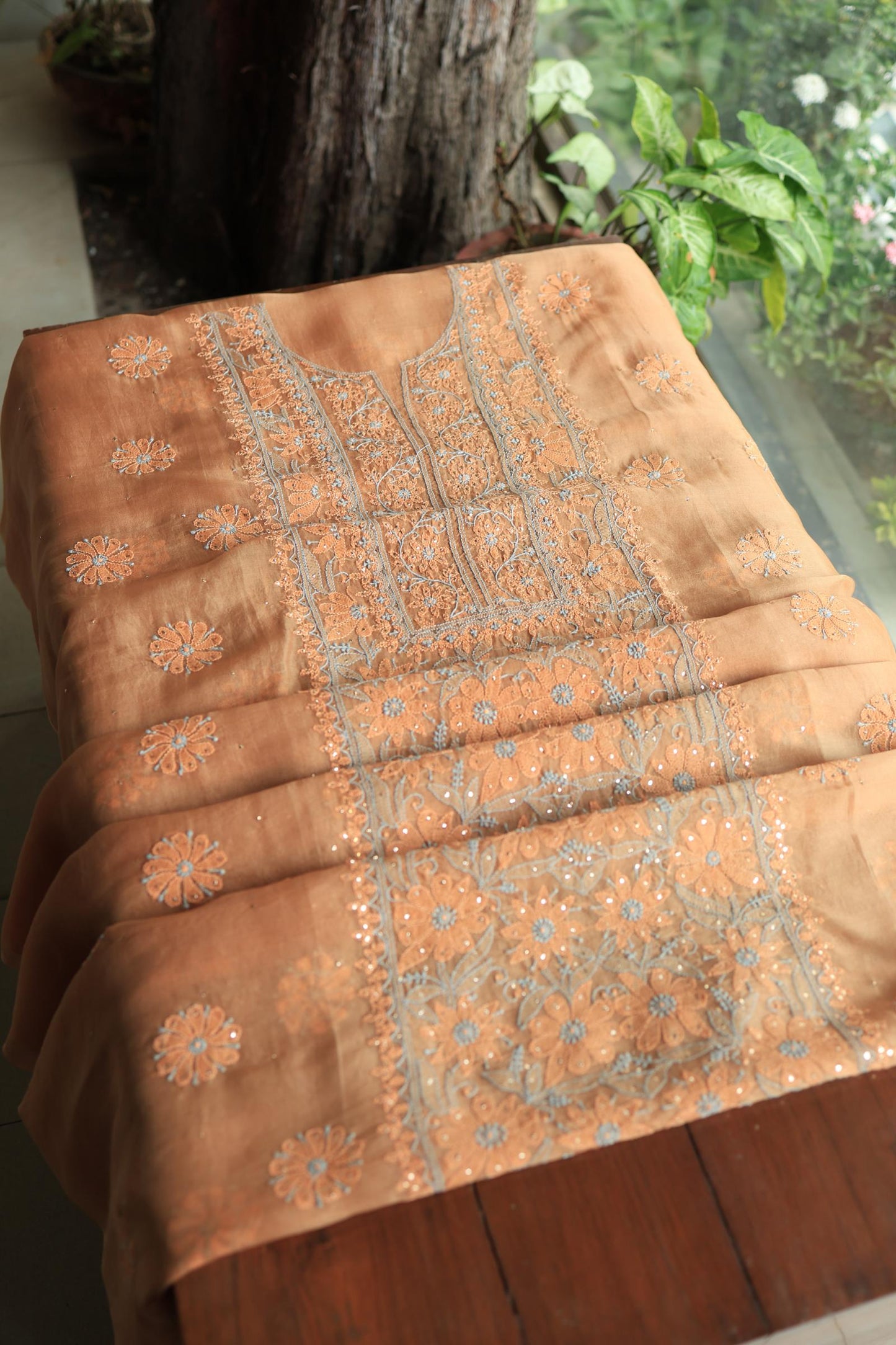 Fawn Shade Organza Silk Chikankari Unstitched Fabric