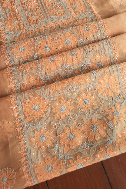 Fawn Shade Organza Silk Chikankari Unstitched Fabric