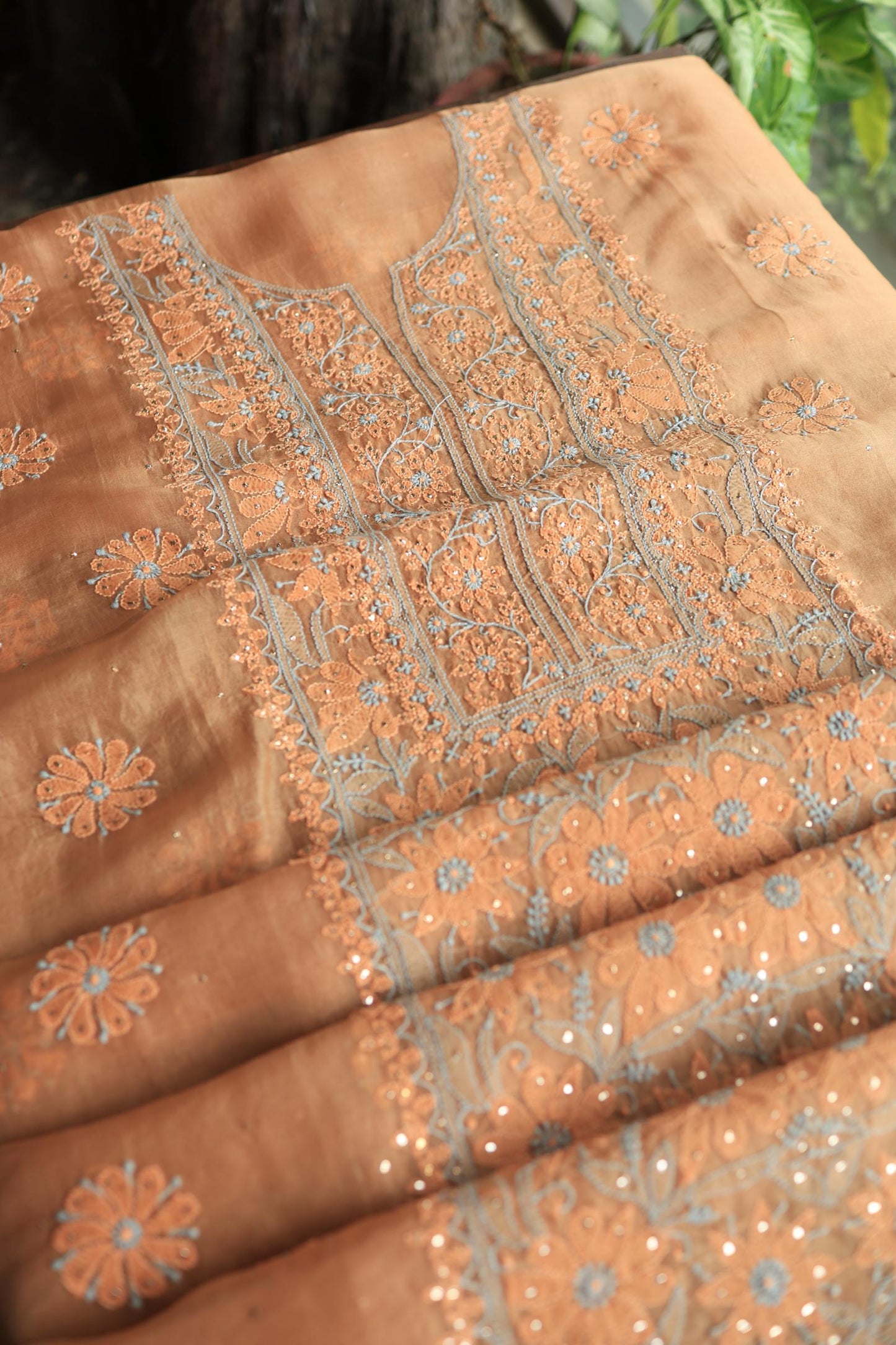 Fawn Shade Organza Silk Chikankari Unstitched Fabric