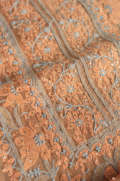 Fawn Shade Organza Silk Chikankari Unstitched Fabric