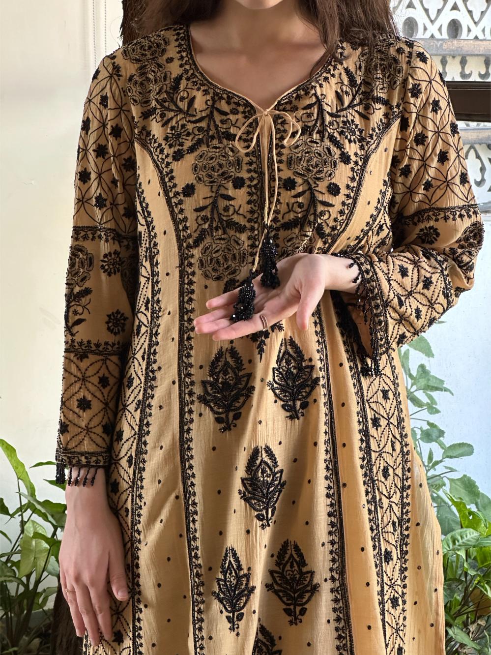 Fawn Shade Malmal Pearl Work Chikankari A Line Kalidar Kurta With Dupatta