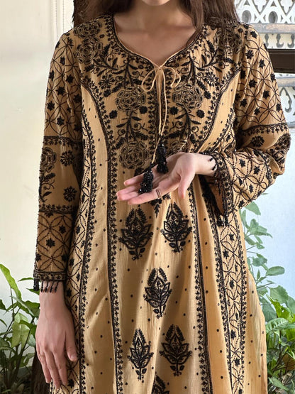 Fawn Shade Malmal Pearl Work Chikankari A Line Kalidar Kurta With Dupatta