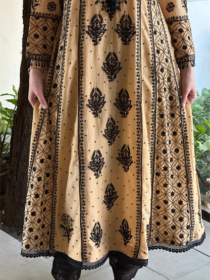 Fawn Shade Malmal Pearl Work Chikankari A Line Kalidar Kurta With Dupatta