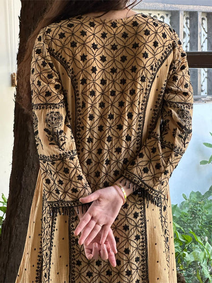 Fawn Shade Malmal Pearl Work Chikankari A Line Kalidar Kurta With Dupatta
