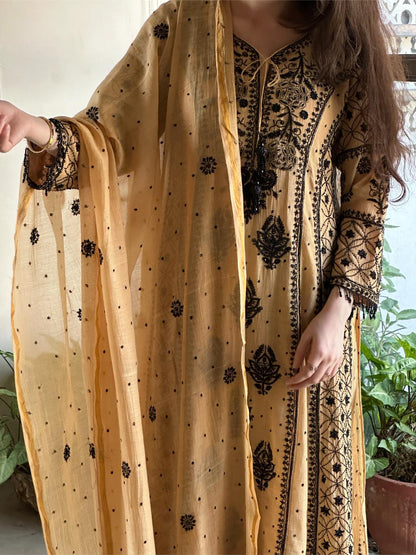 Fawn Shade Malmal Pearl Work Chikankari A Line Kalidar Kurta With Dupatta