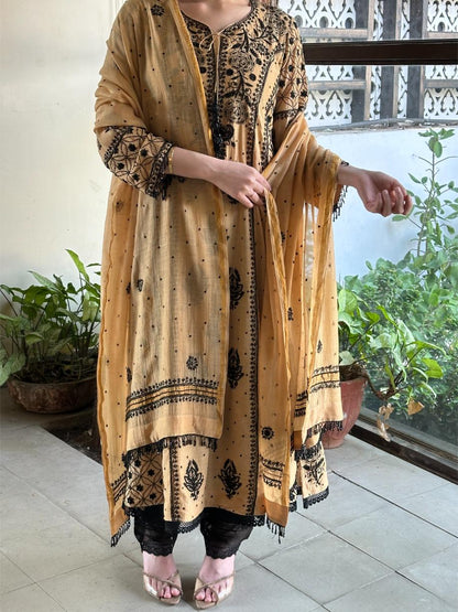 Fawn Shade Malmal Pearl Work Chikankari A Line Kalidar Kurta With Dupatta