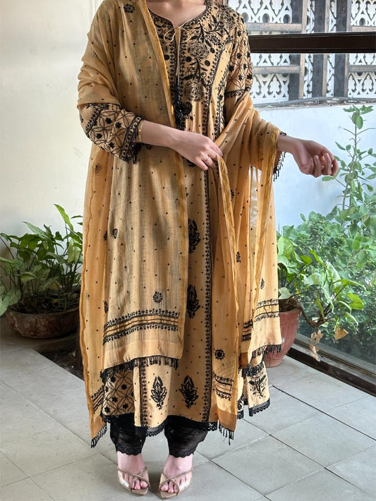 Fawn Shade Malmal Pearl Work Chikankari A Line Kalidar Kurta With Dupatta
