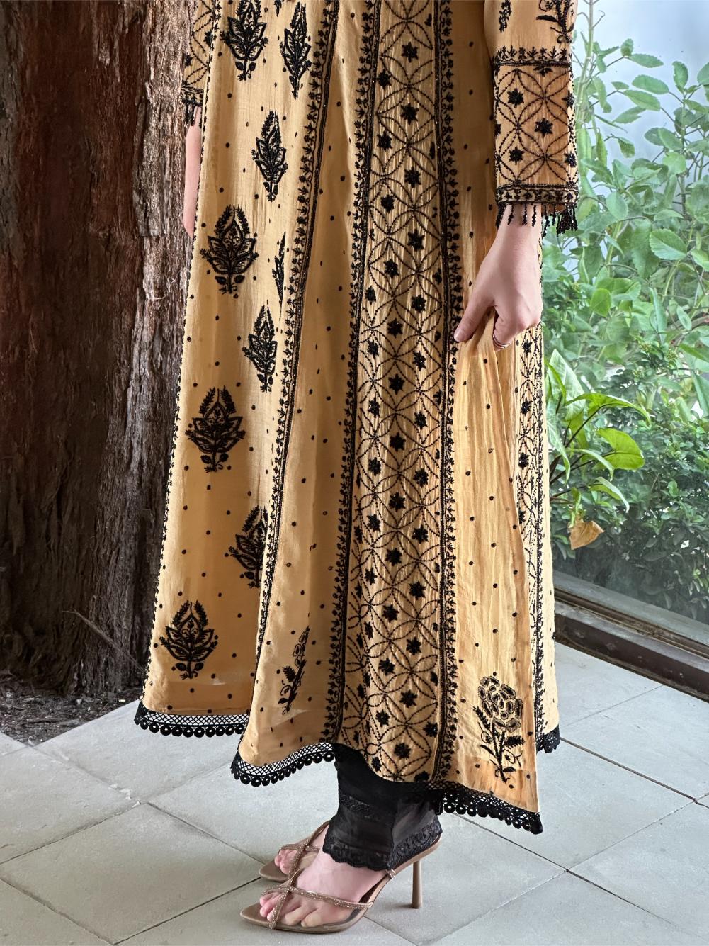 Fawn Shade Malmal Pearl Work Chikankari A Line Kalidar Kurta With Dupatta