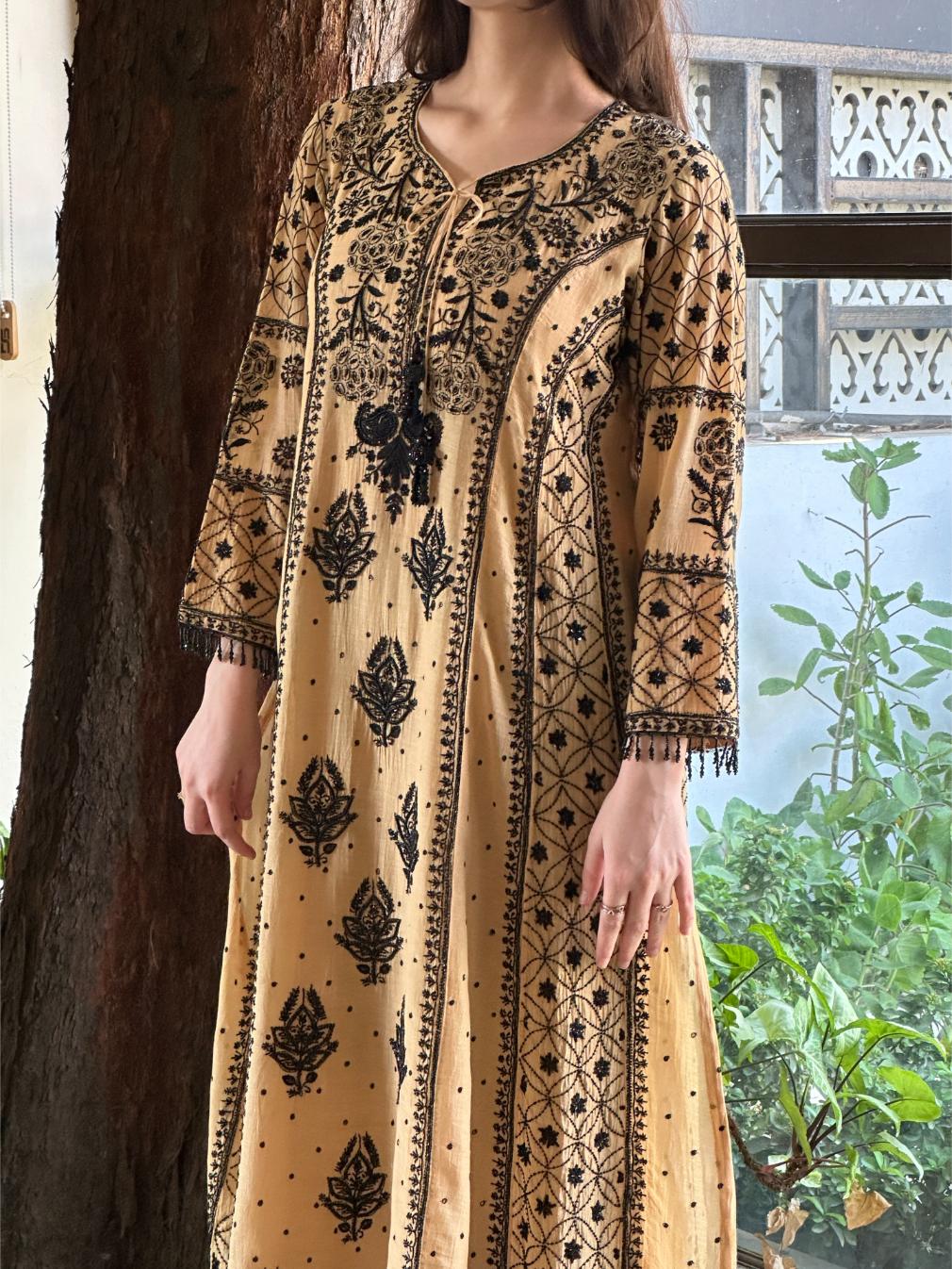 Fawn Shade Malmal Pearl Work Chikankari A Line Kalidar Kurta With Dupatta