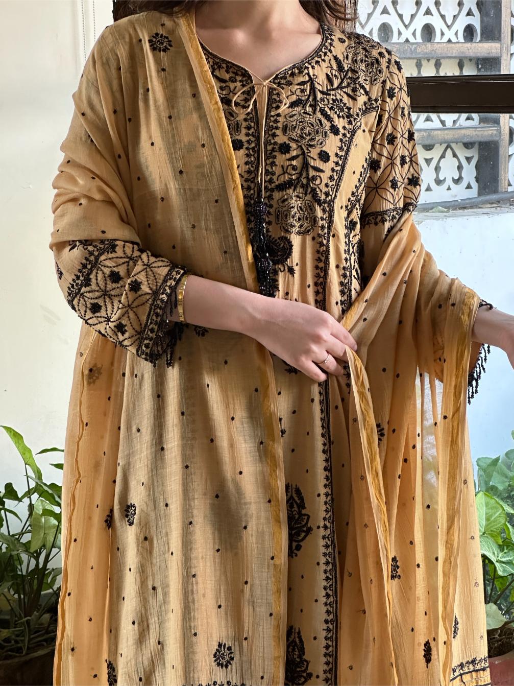 Fawn Shade Malmal Pearl Work Chikankari A Line Kalidar Kurta With Dupatta