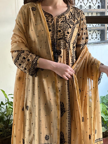 Fawn Shade Malmal Pearl Work Chikankari A Line Kalidar Kurta With Dupatta