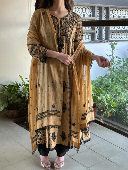 Fawn Shade Malmal Pearl Work Chikankari A Line Kalidar Kurta With Dupatta