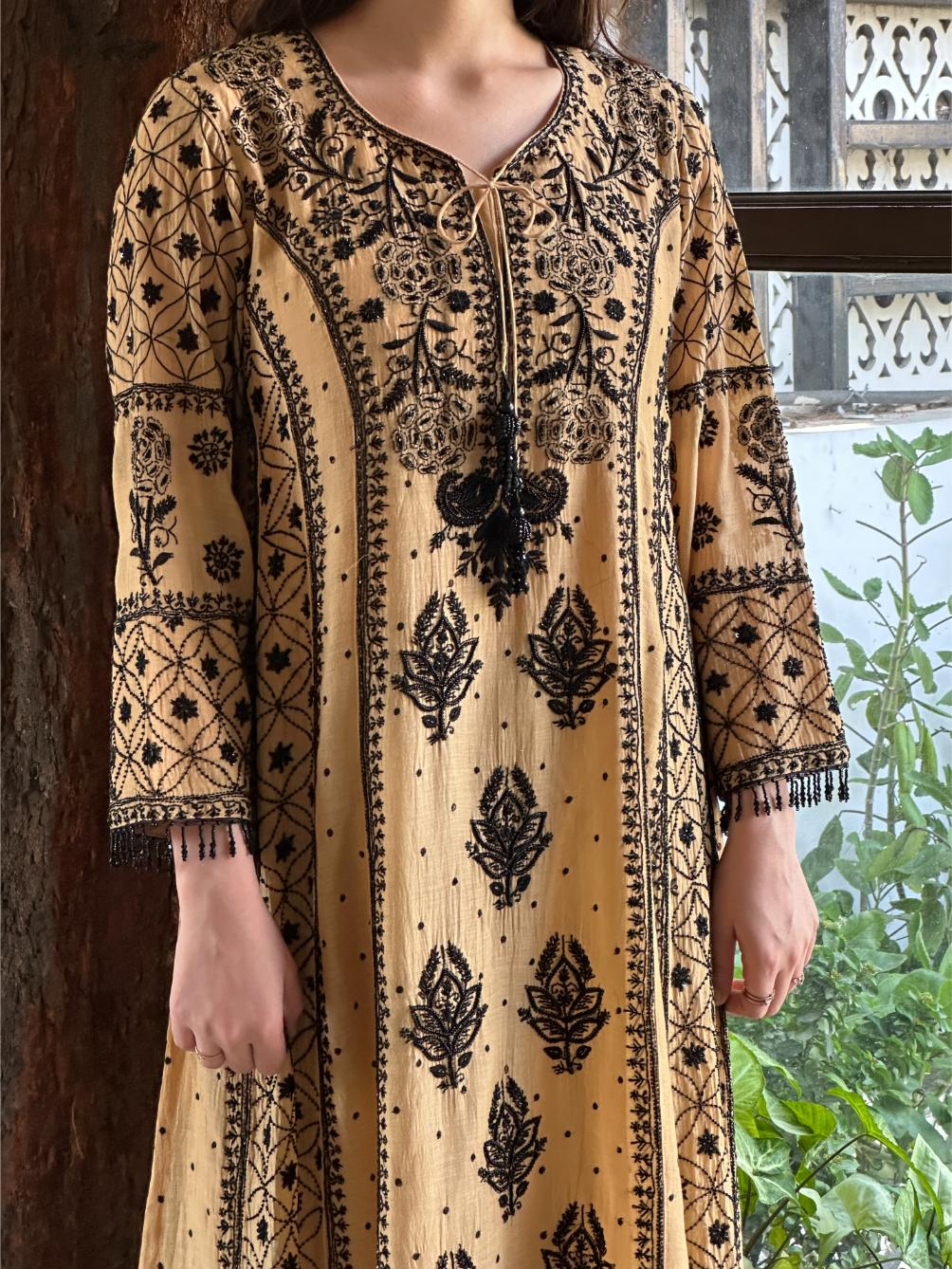 Fawn Shade Malmal Pearl Work Chikankari A Line Kalidar Kurta With Dupatta