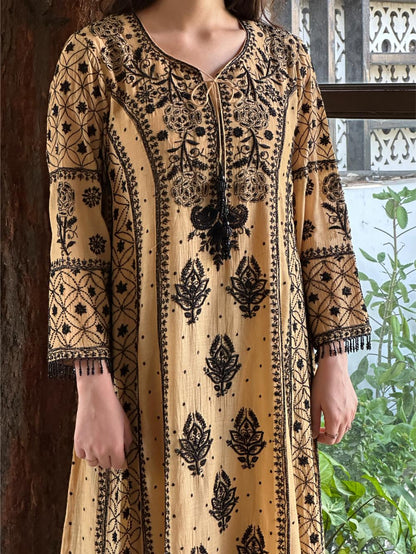 Fawn Shade Malmal Pearl Work Chikankari A Line Kalidar Kurta With Dupatta