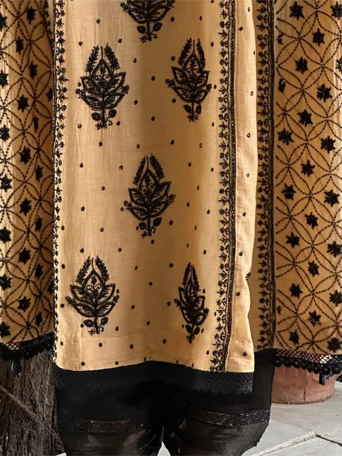 Fawn Shade Malmal Pearl Work Chikankari A Line Kalidar Kurta With Dupatta