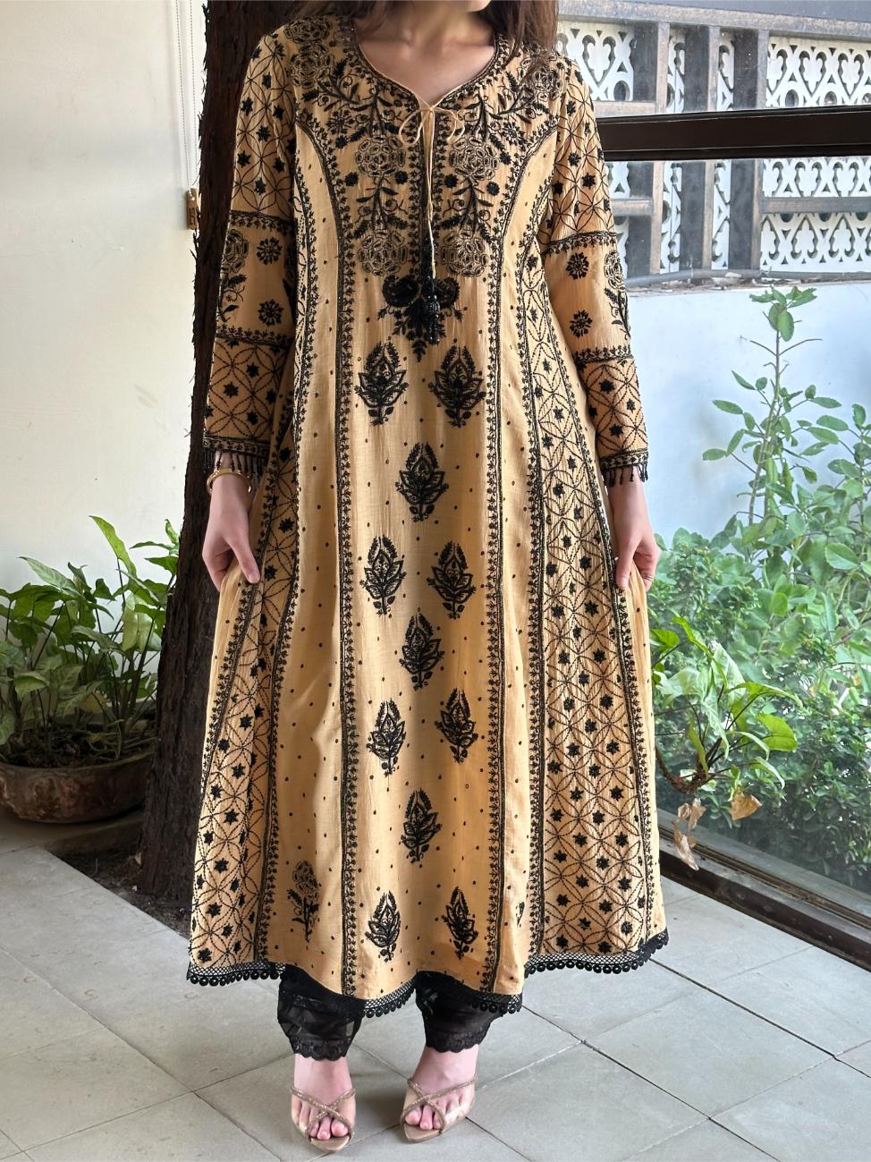 Fawn Shade Malmal Pearl Work Chikankari A Line Kalidar Kurta With Dupatta