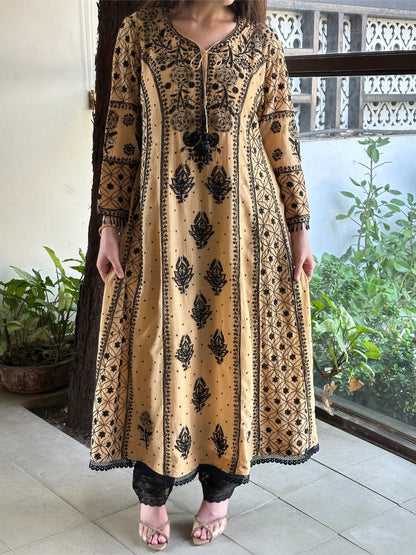 Fawn Shade Malmal Pearl Work Chikankari A Line Kalidar Kurta With Dupatta