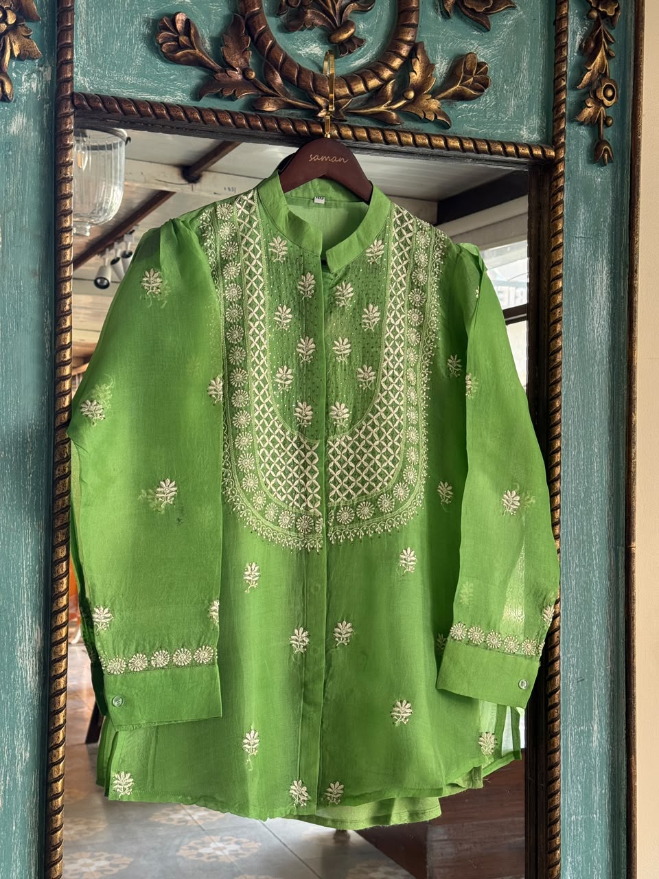 Fern Green Noor Organza Chikankari Collar Ready To Wear Short Top