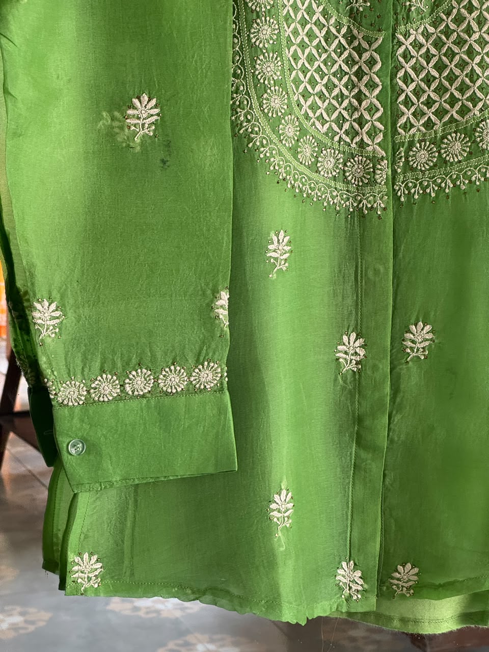 Fern Green Noor Organza Chikankari Collar Ready To Wear Short Top