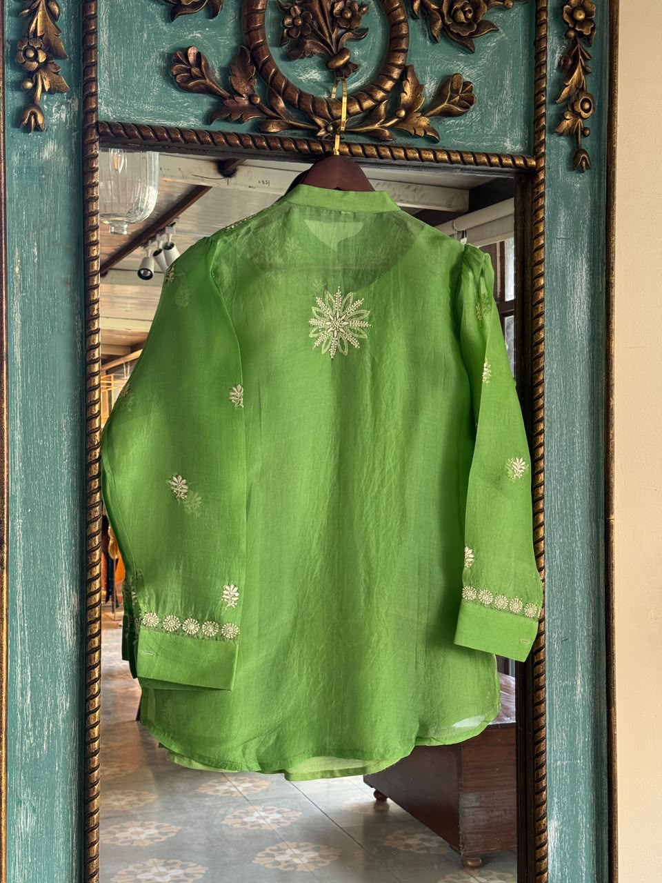 Fern Green Noor Organza Chikankari Collar Ready To Wear Short Top