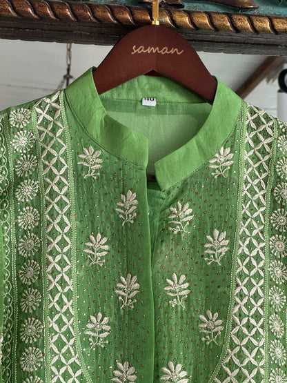 Fern Green Noor Organza Chikankari Collar Ready To Wear Short Top