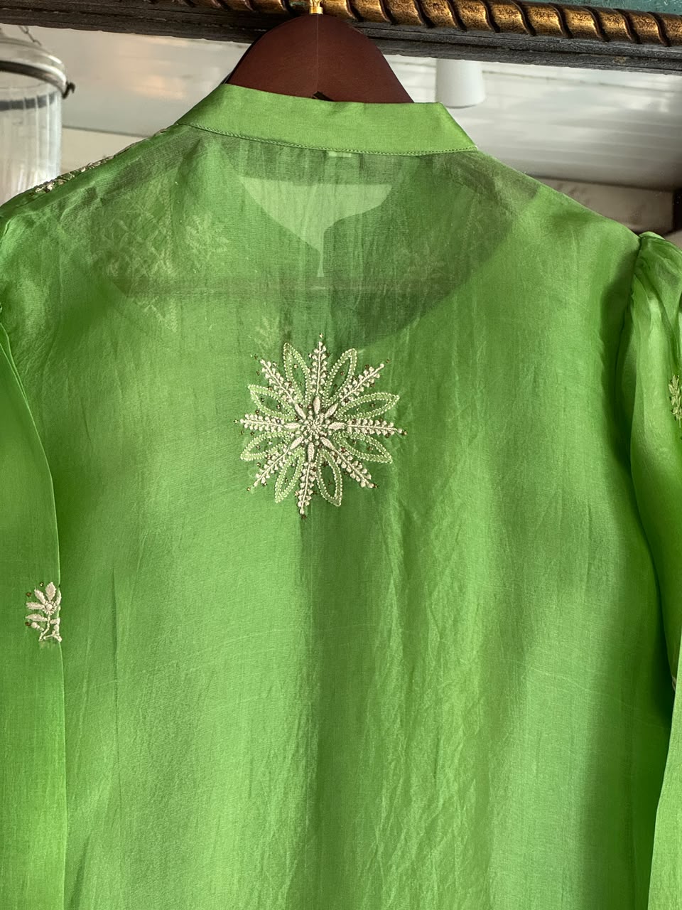 Fern Green Noor Organza Chikankari Collar Ready To Wear Short Top