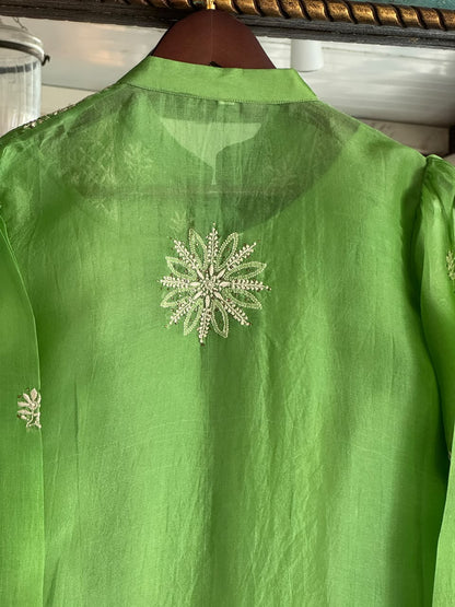Fern Green Noor Organza Chikankari Collar Ready To Wear Short Top