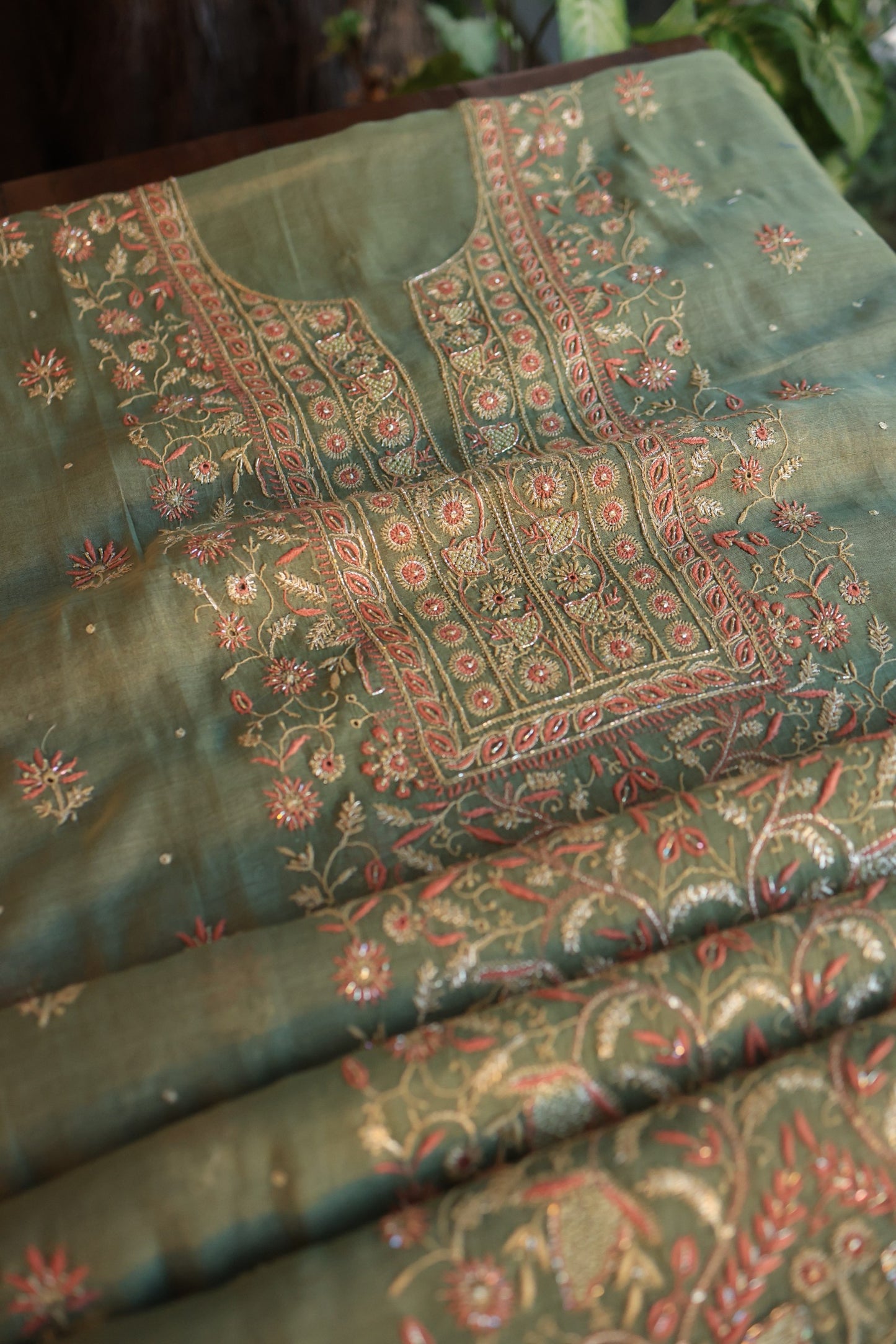 Fern Green Tissue Silk Chikankari Unstitched Fabric