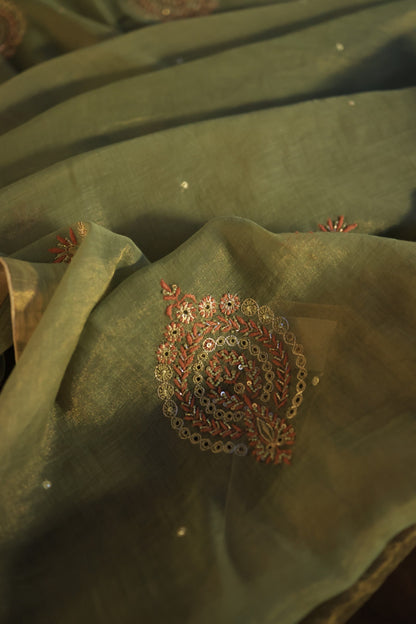 Fern Green Tissue Silk Chikankari Unstitched Fabric