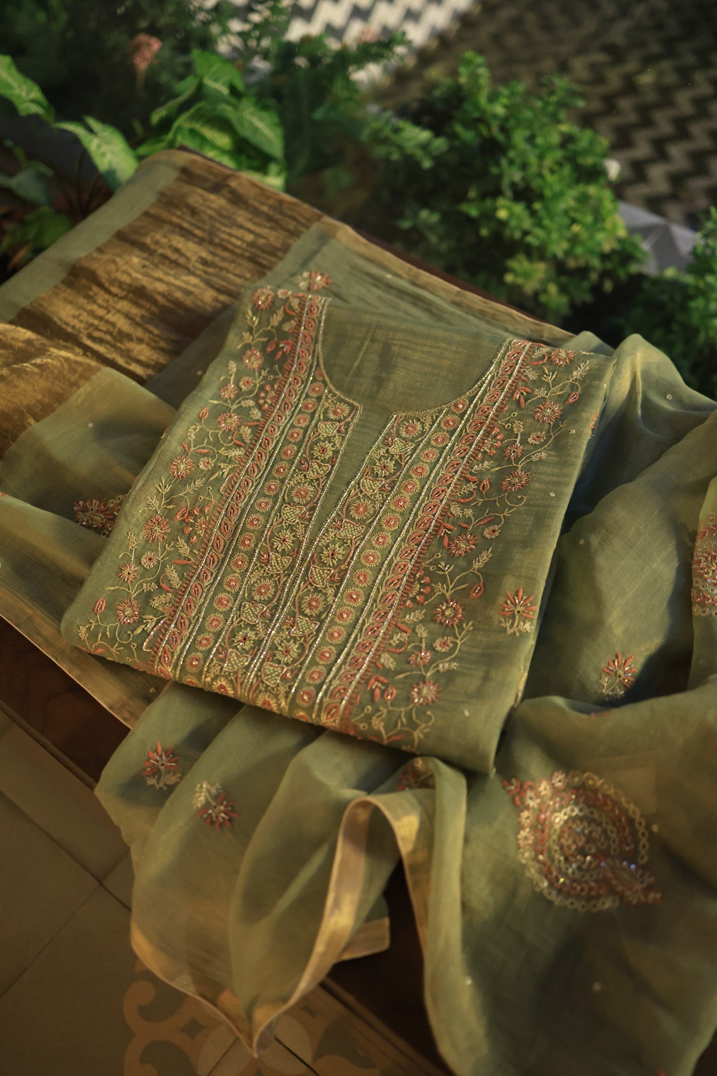 Fern Green Tissue Silk Chikankari Unstitched Fabric