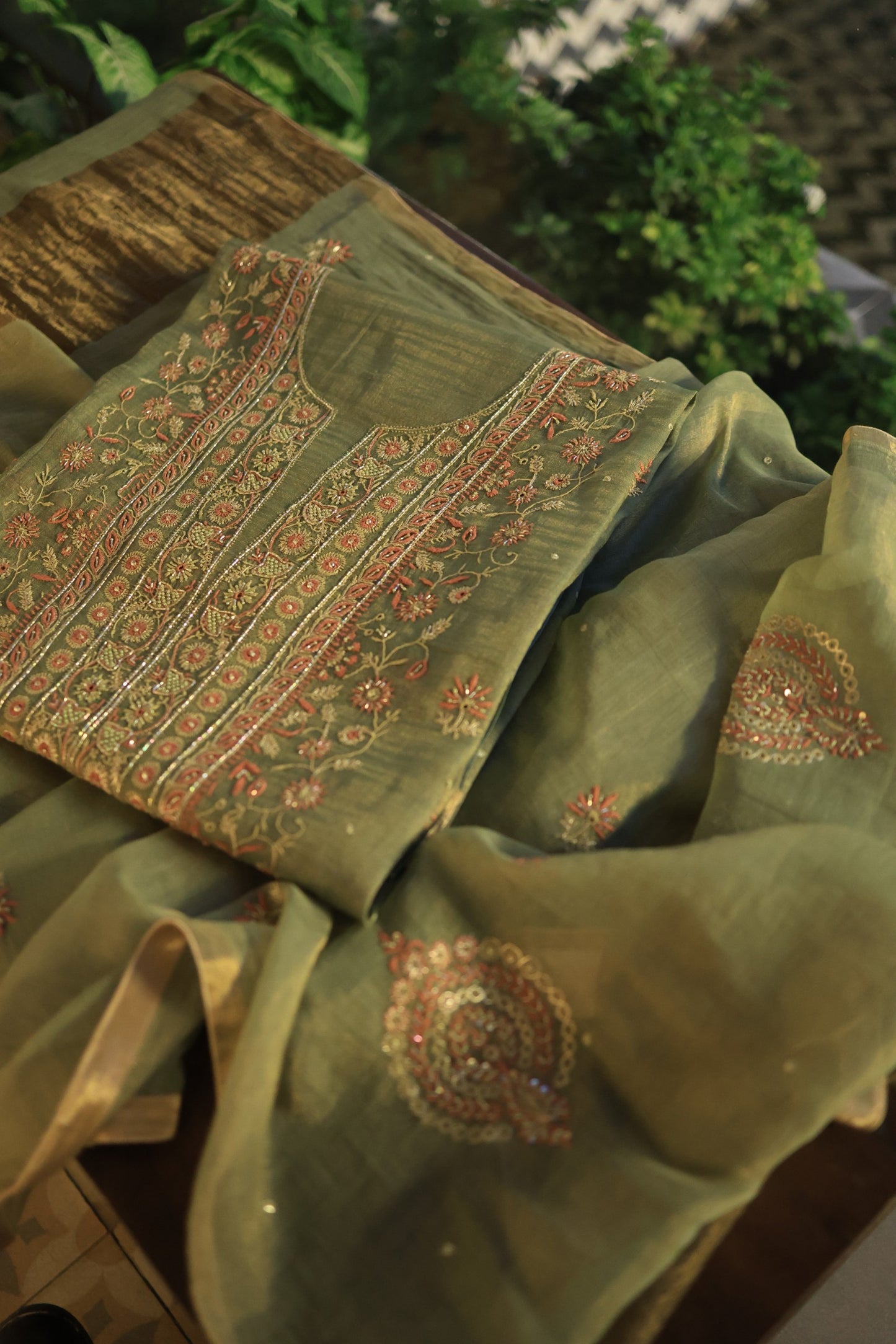 Fern Green Tissue Silk Chikankari Unstitched Fabric