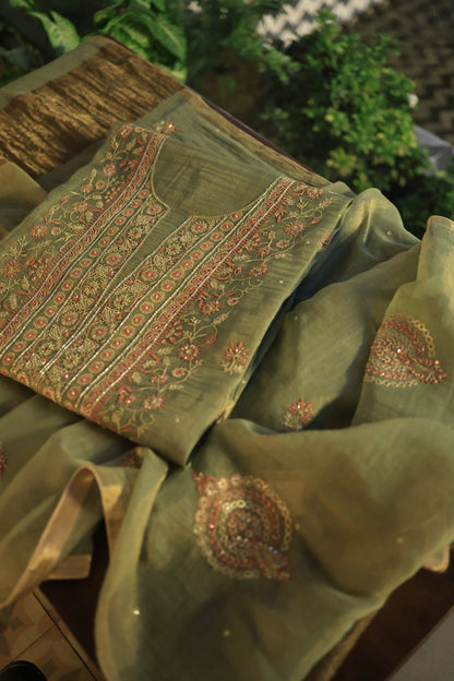 Fern Green Tissue Silk Chikankari Unstitched Fabric