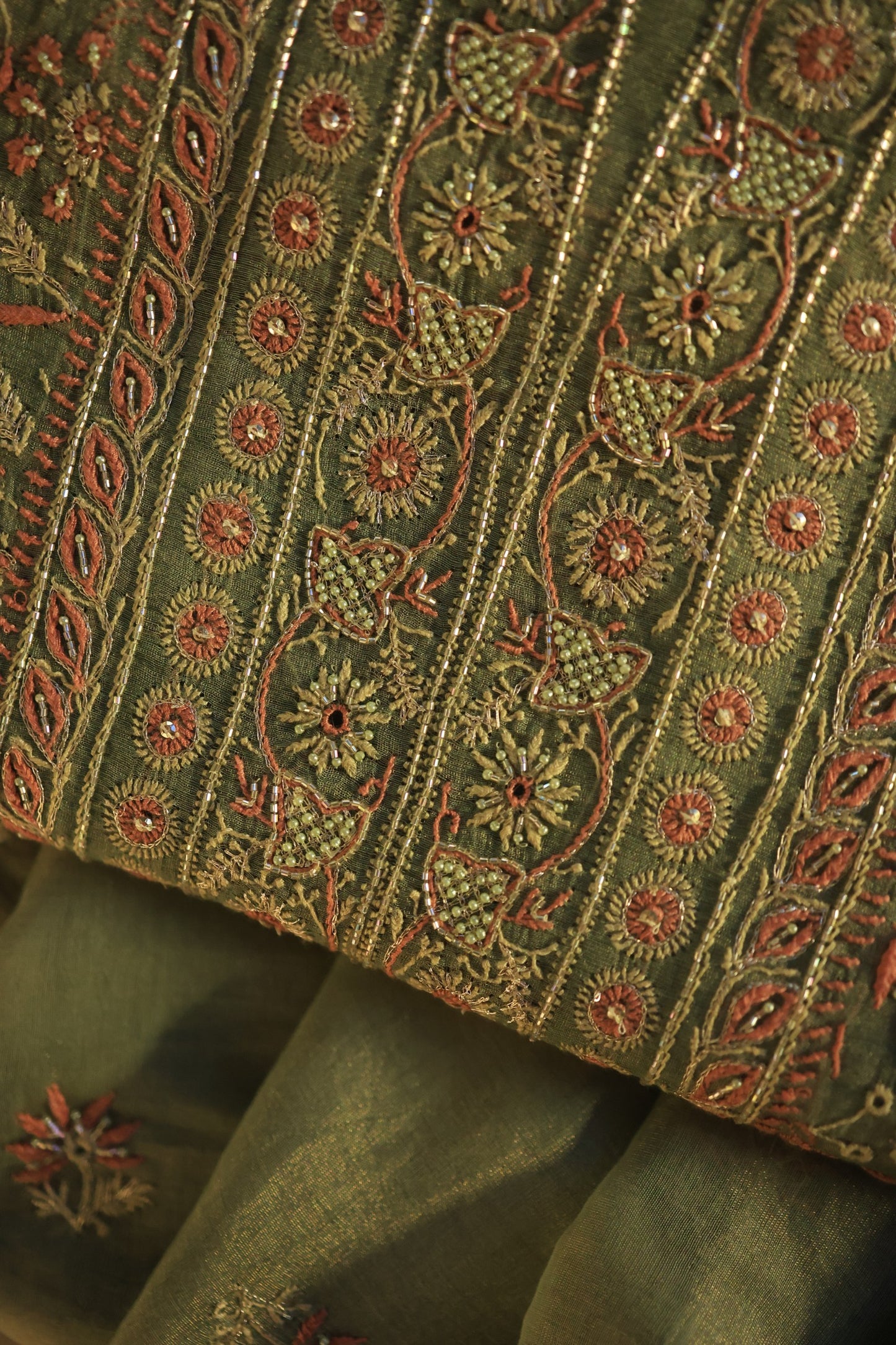 Fern Green Tissue Silk Chikankari Unstitched Fabric