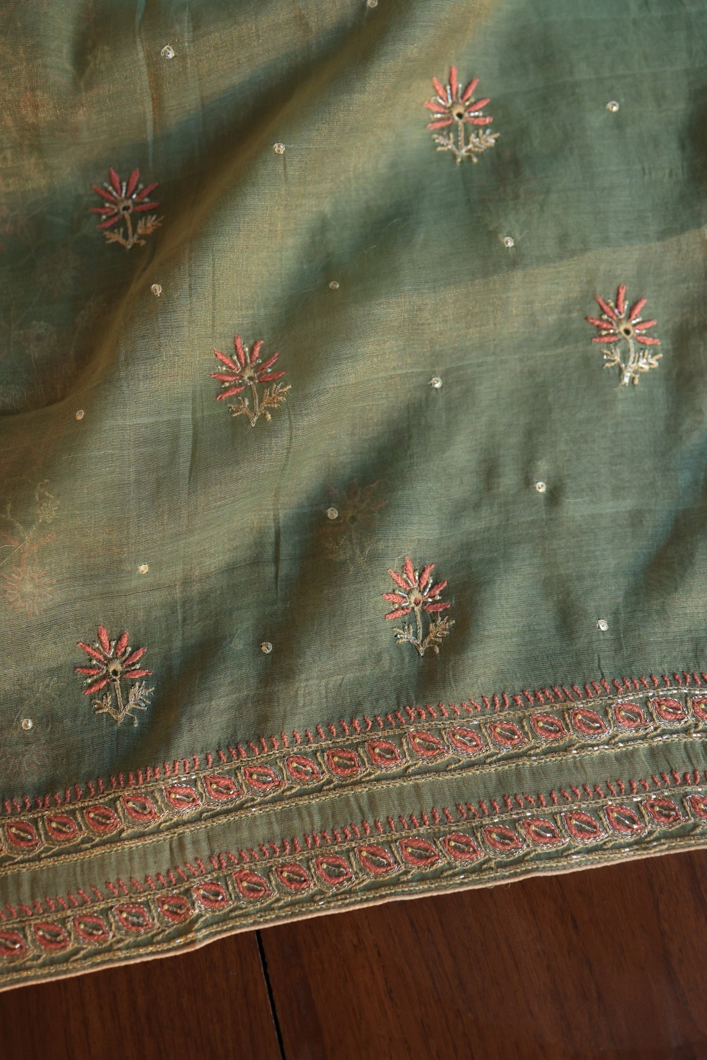 Fern Green Tissue Silk Chikankari Unstitched Fabric