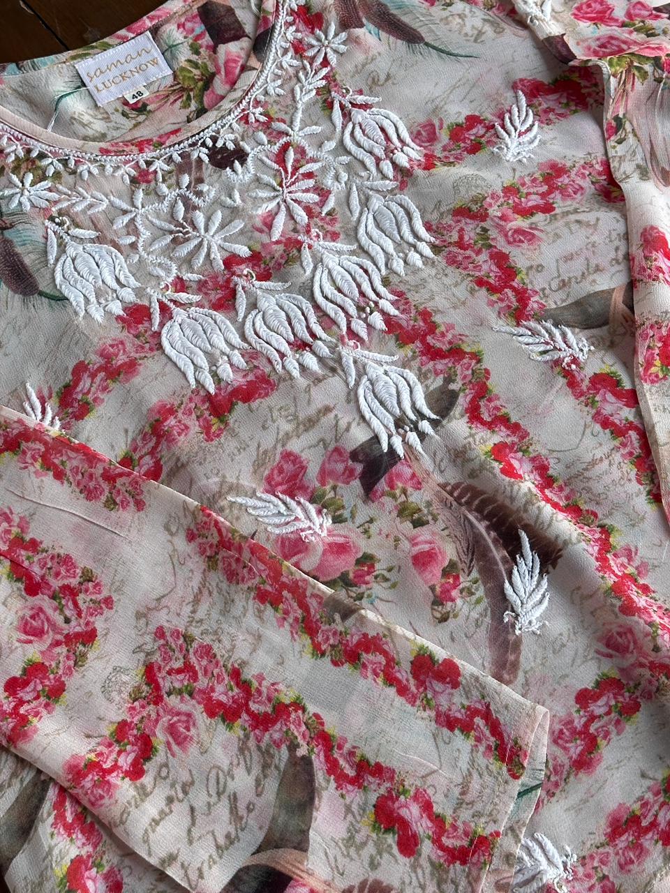 Floral Motif Chikankari Semi-Georgette Short Top / Kurti